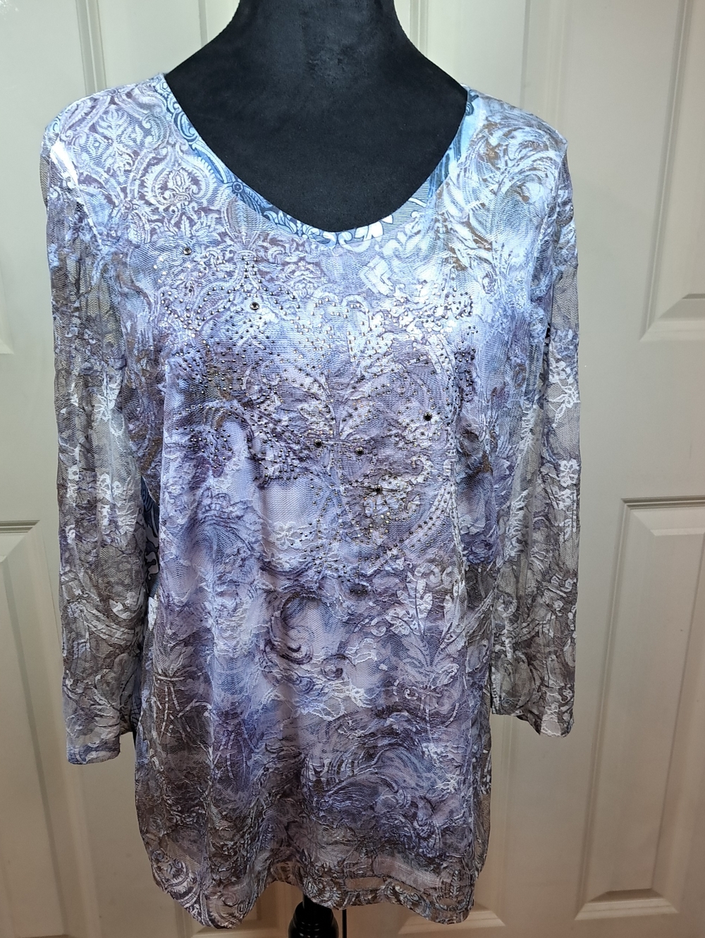 Christopher & Banks Lavender Paisley Jewel-Accent Long Sleeve Top